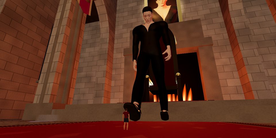 Count Lucien towering over a tiny guest in his hall