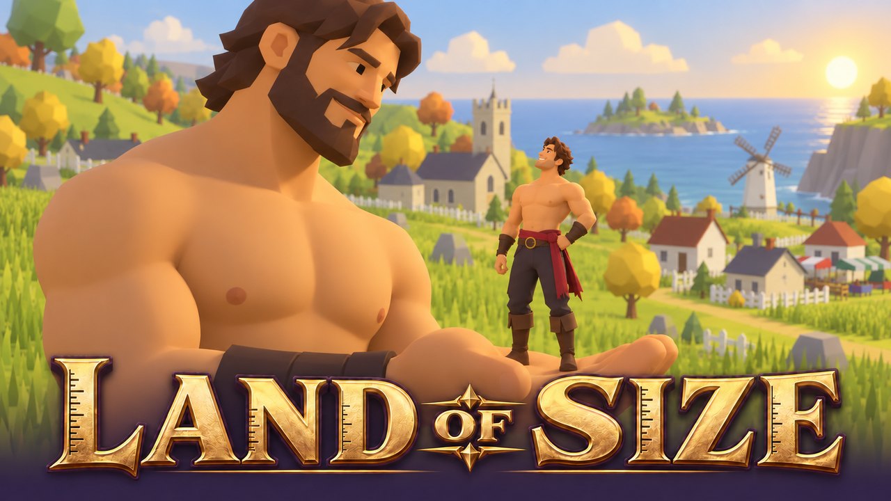 Land of Size: a giant holds a small man in his palm above a village by the sea
