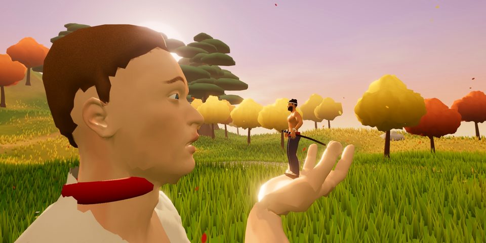A tiny man held up in a giant companion’s hand in the valley