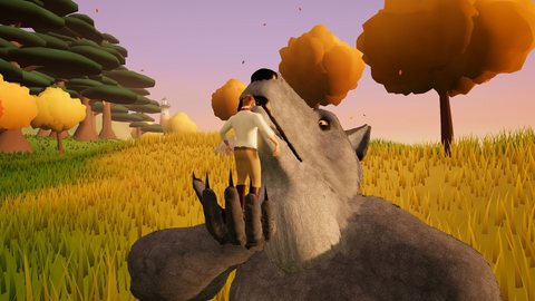 A small man standing in Ragnar’s paw beside his muzzle